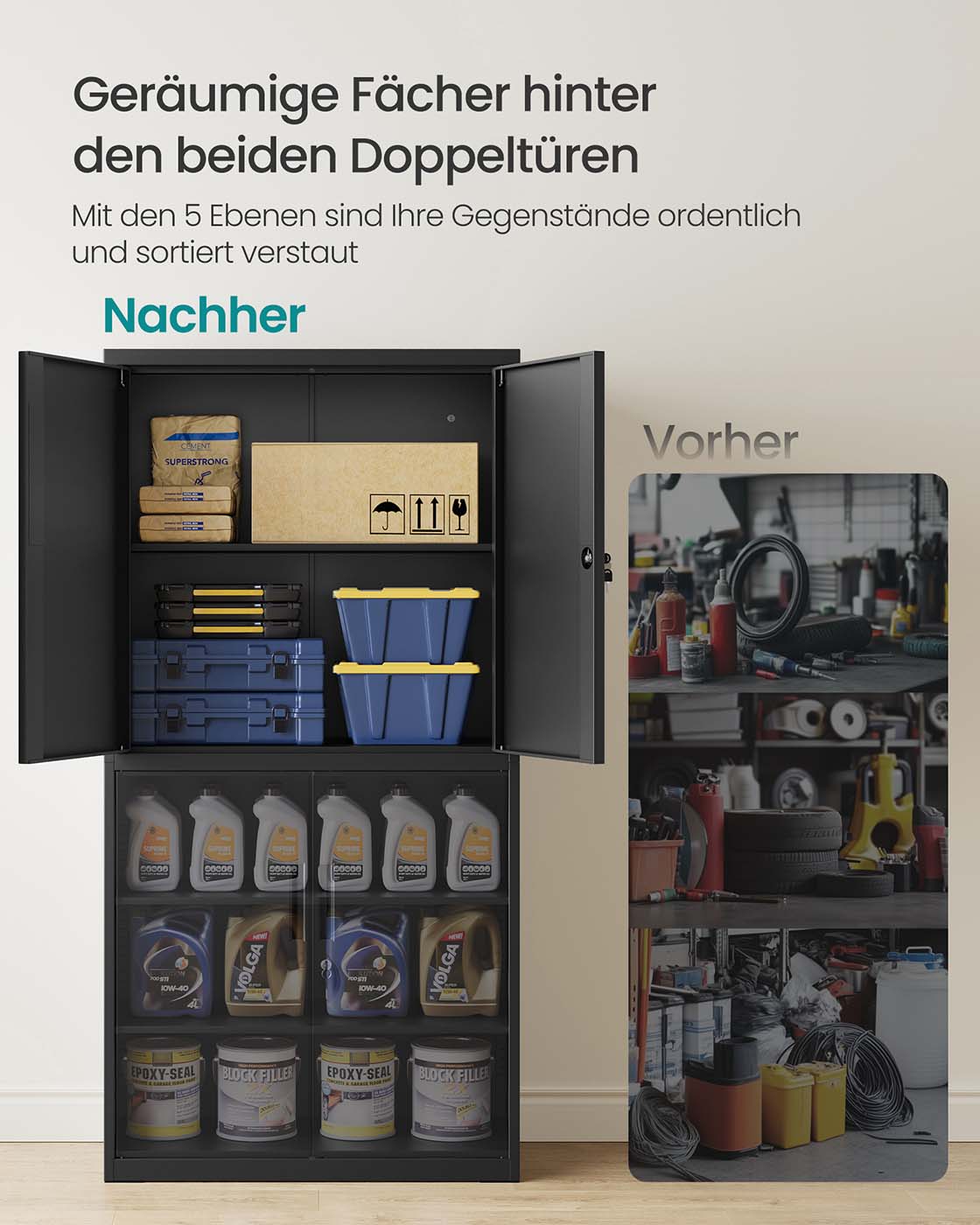Archivschrank mit 4 Türen und 5 Stufen 40 x 80 x 180 cm mattschwarz