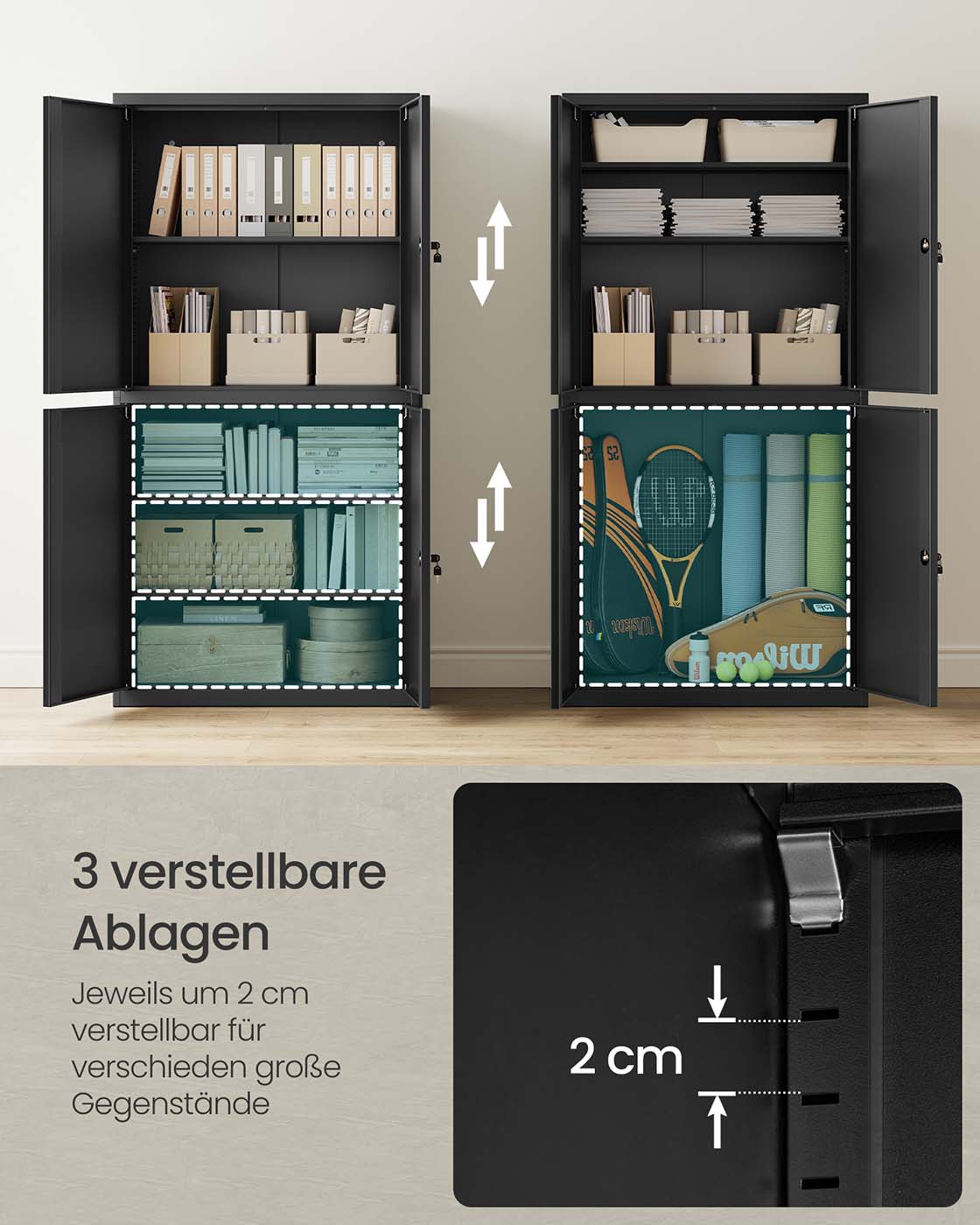 Archivschrank mit 4 Türen und 5 Stufen 40 x 80 x 180 cm mattschwarz