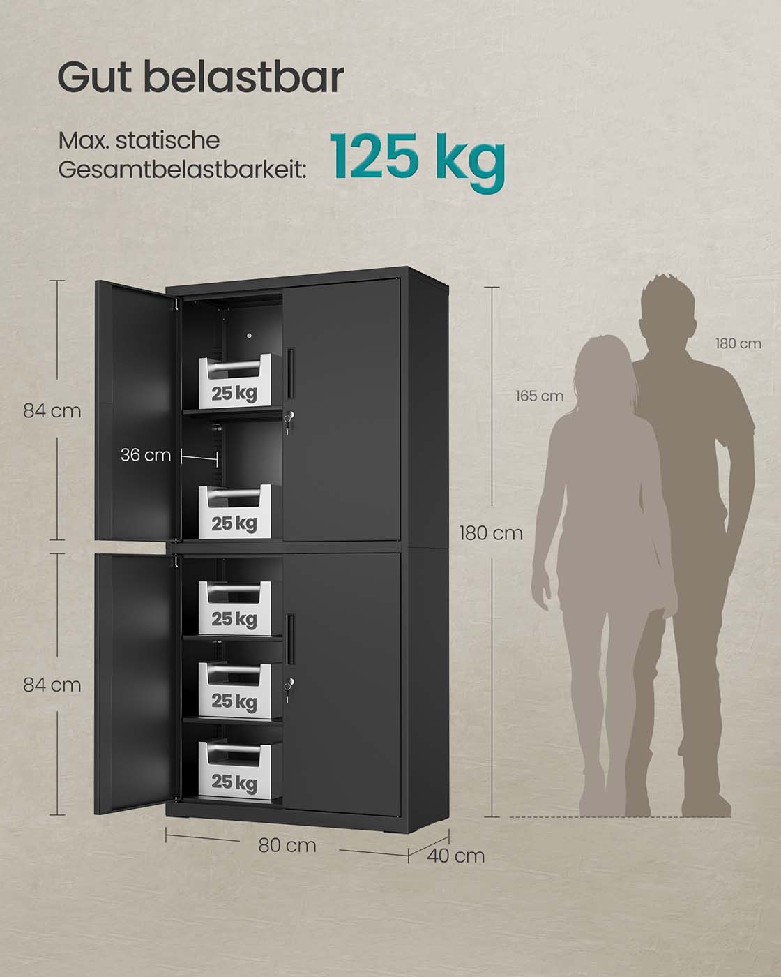Archivschrank mit 4 Türen und 5 Stufen 40 x 80 x 180 cm mattschwarz