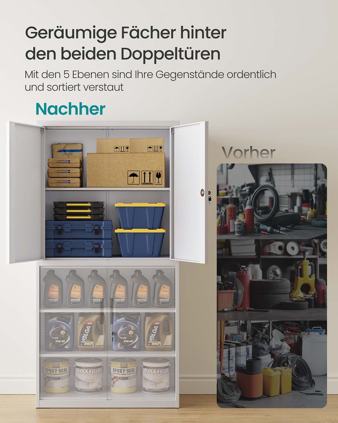 Archivschrank mit 4 Türen und 5 Level 40 x 80 x 180 cm Matte Grau