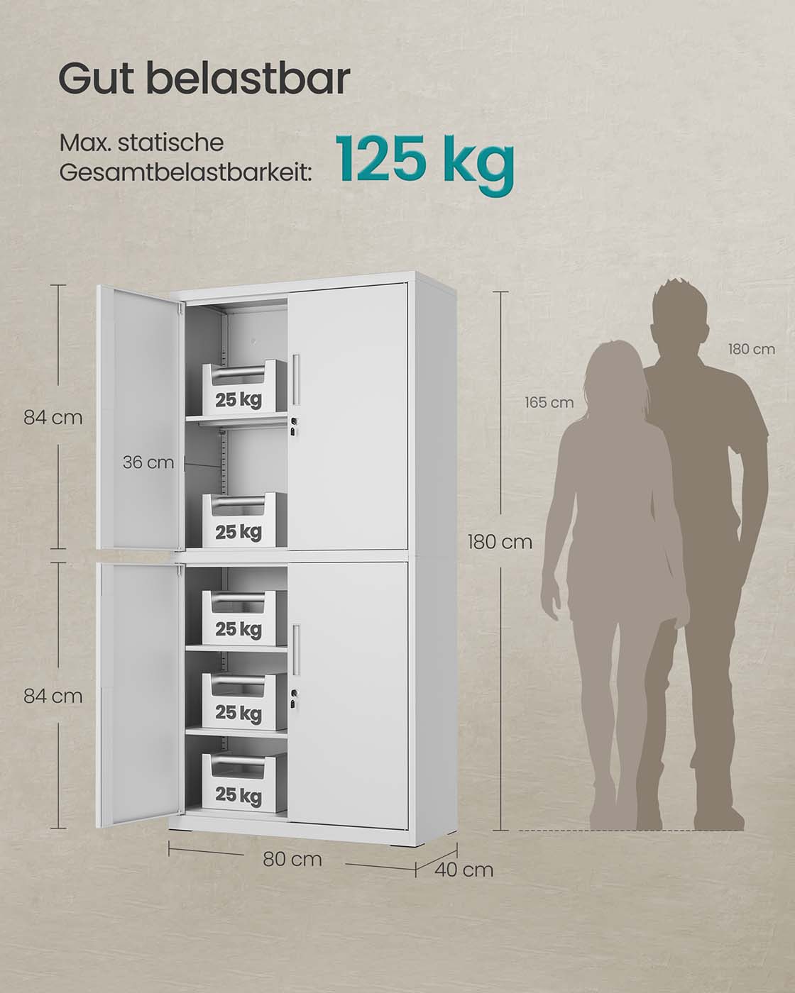 Archivschrank mit 4 Türen und 5 Level 40 x 80 x 180 cm Matte Grau