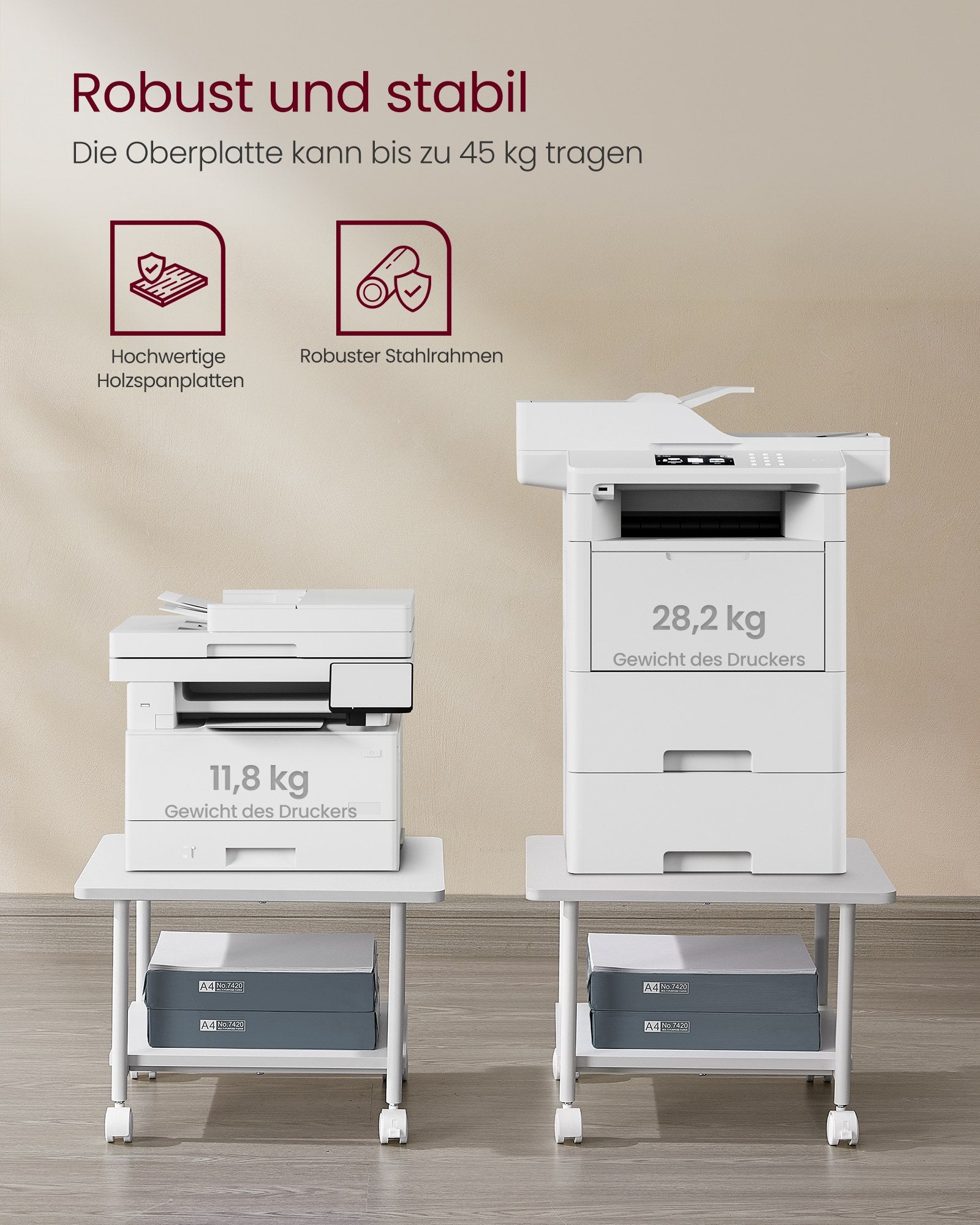 Printertafel - Op Wielen - 2 Niveaus - Wit