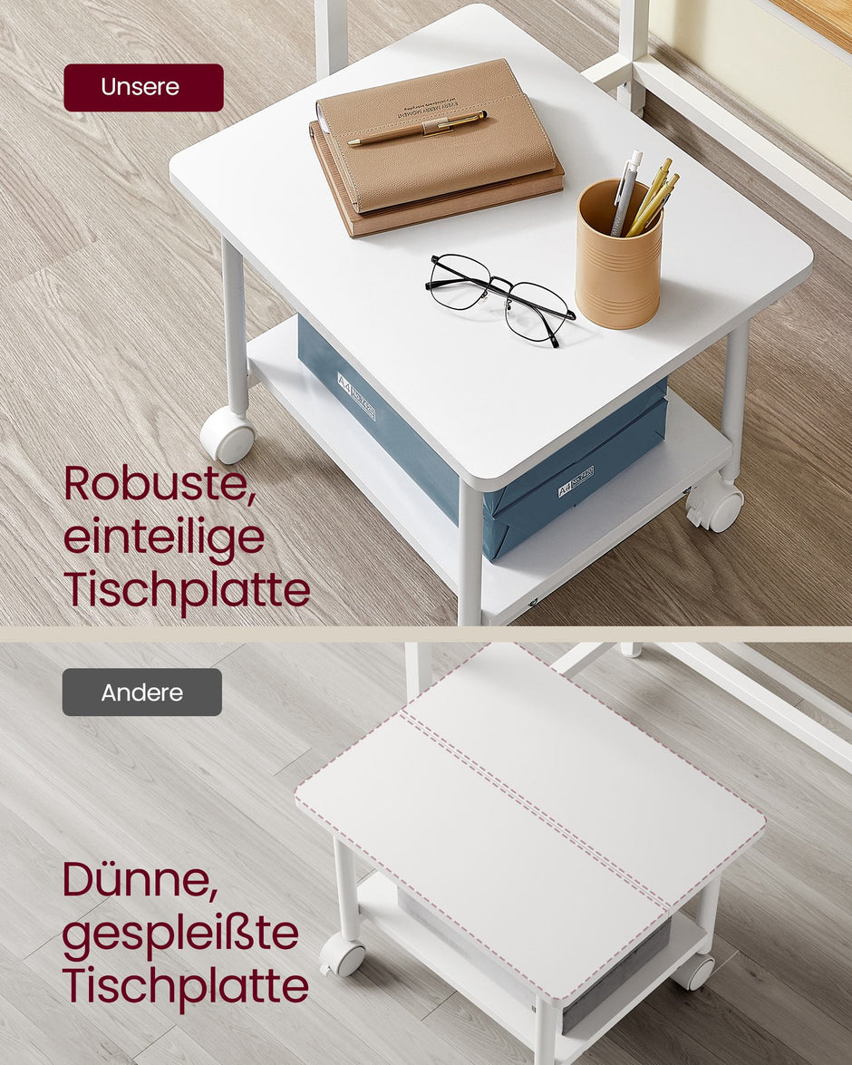 Printertafel - 48 x 40 x 34 cm - met wielen - 2 niveaus - wit - maximaal draagvermogen tafelblad 45 kg - maximaal draagvermogen onderste plank 15 kg