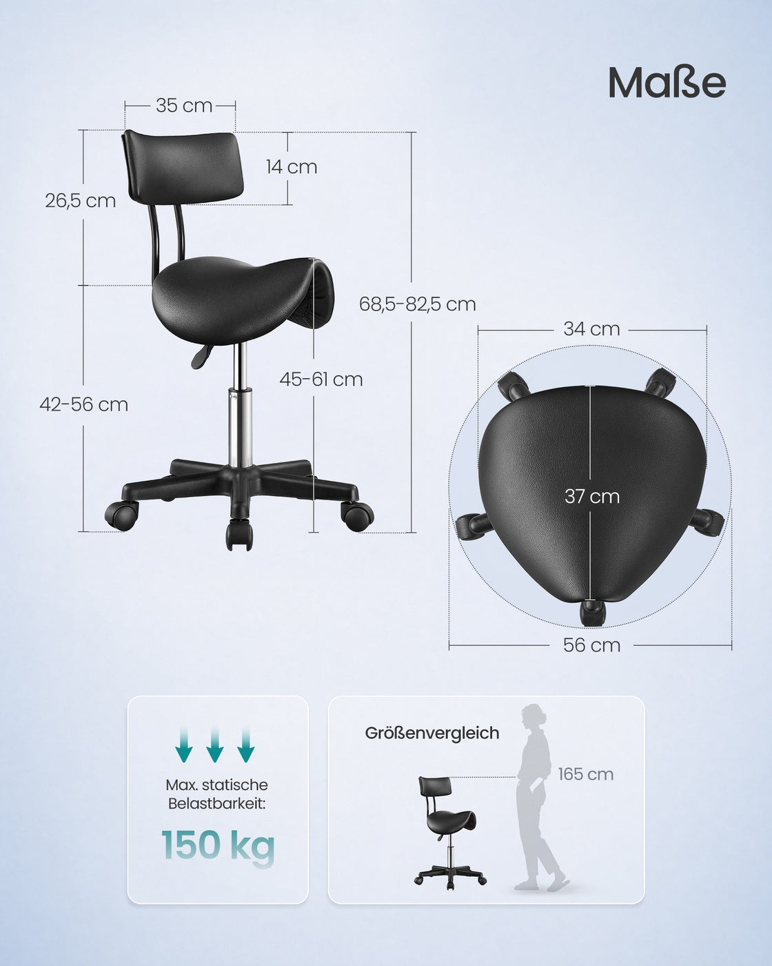 Zadelkruk - Ergonomisch - Op Wielen - 360° Draaibaar - Inktzwart