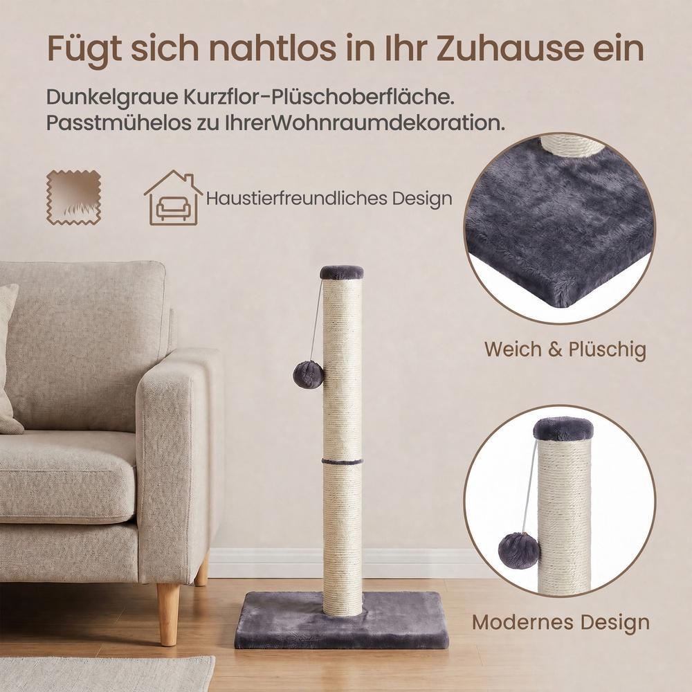 Krabpaal – Natuurlijk Sisal – Met Speelbal – 84 cm Hoog – Donkergrijs