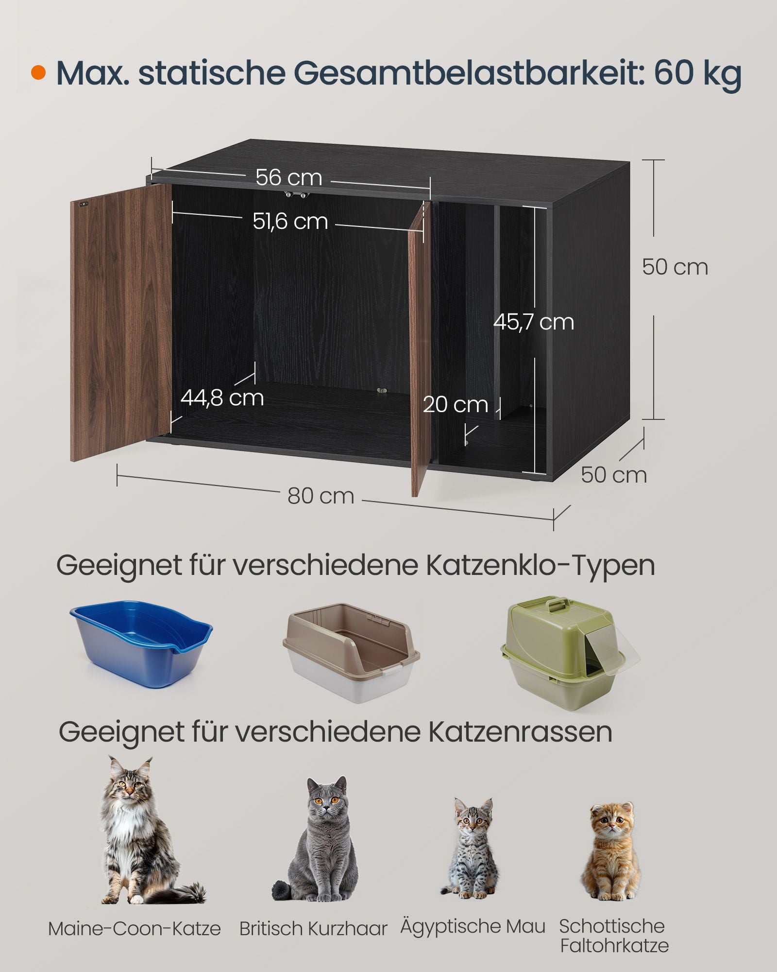 Kattenbakmeubel - Met Push-to-Open Deuren - Voor Grote Katten - Ebbenhoutzwart-donker walnoot - 80 x 50 x 50 cm