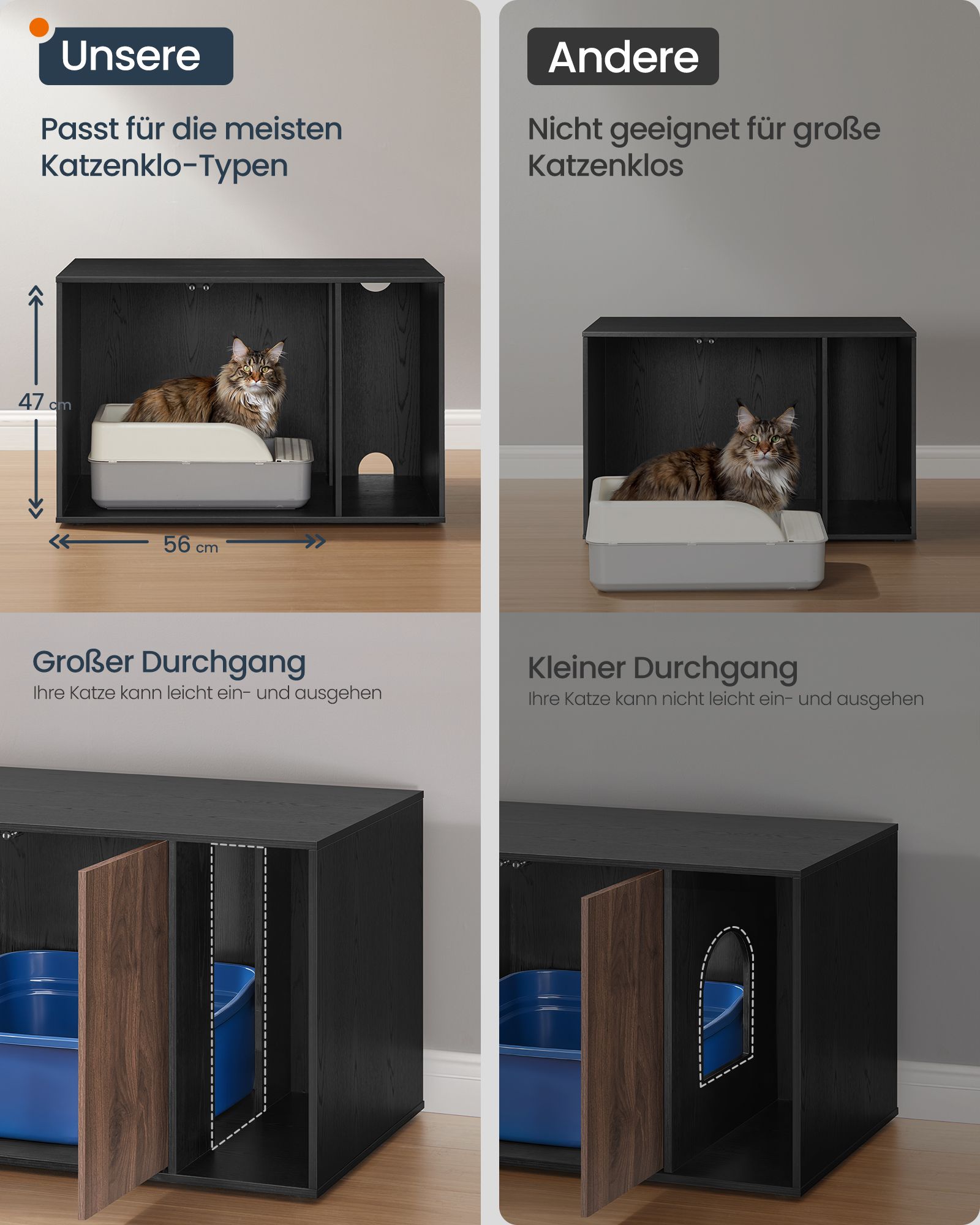 Kattenbakmeubel - Met Push-to-Open Deuren - Voor Grote Katten - Ebbenhoutzwart-donker walnoot - 80 x 50 x 50 cm