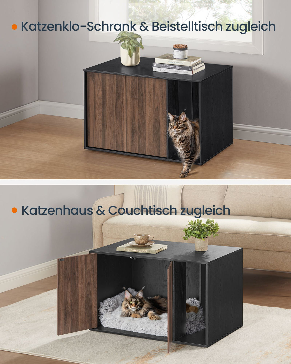 Kattenbakmeubel - Met Push-to-Open Deuren - Voor Grote Katten - Ebbenhoutzwart-donker walnoot - 80 x 50 x 50 cm