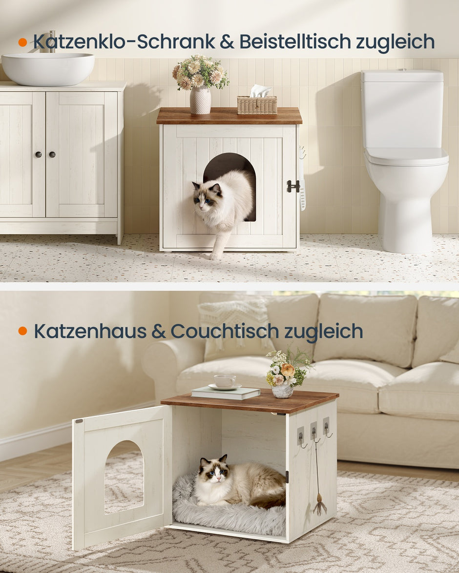 Kattenbakmeubel - 55 x 50 x 50 cm - spaanplaat en MDF - vintage wit-honingbruin - maximaal 50 kg