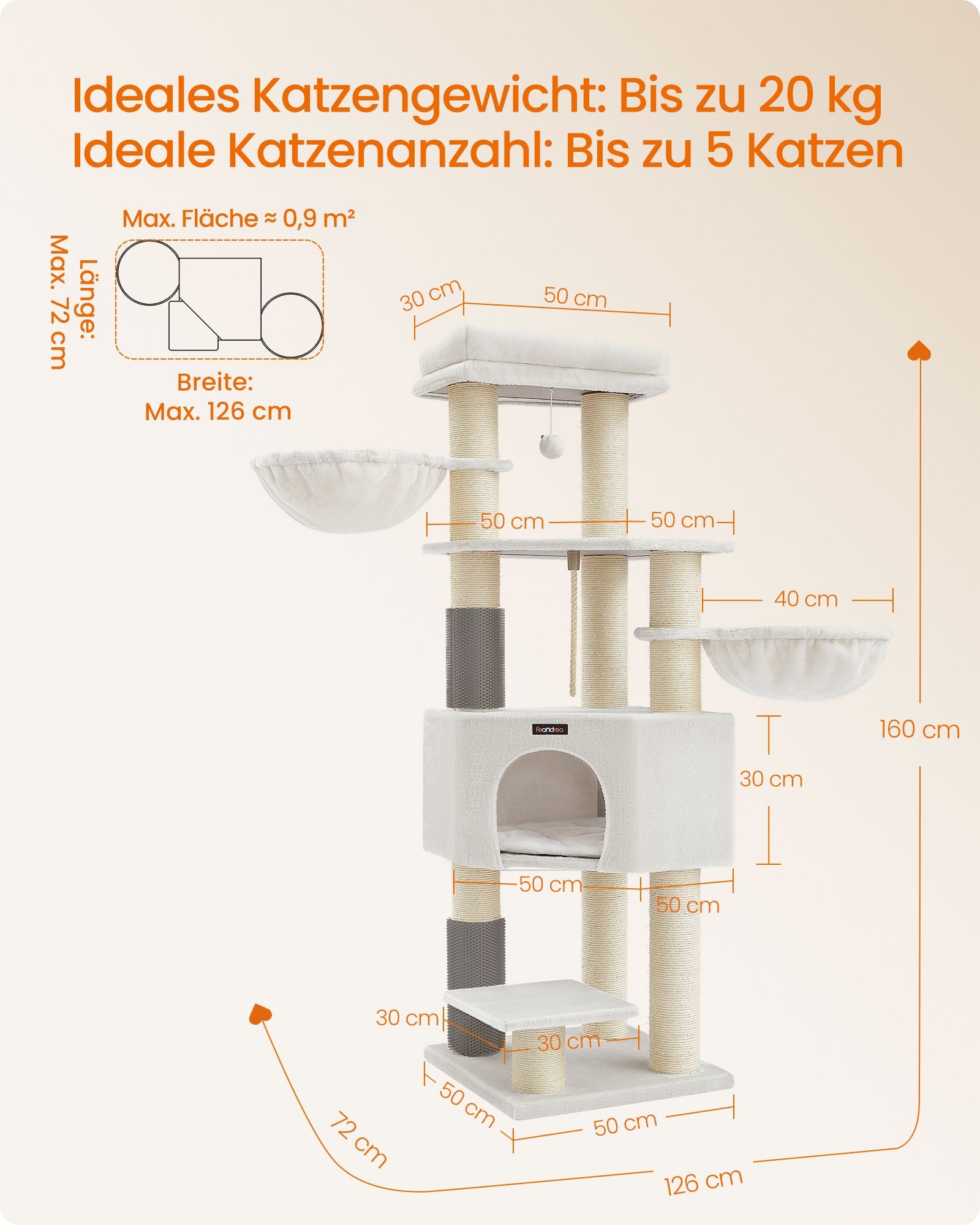 Kratzerpfosten mit Plateaus 50 x 50 x 160 cm Crème White Beige