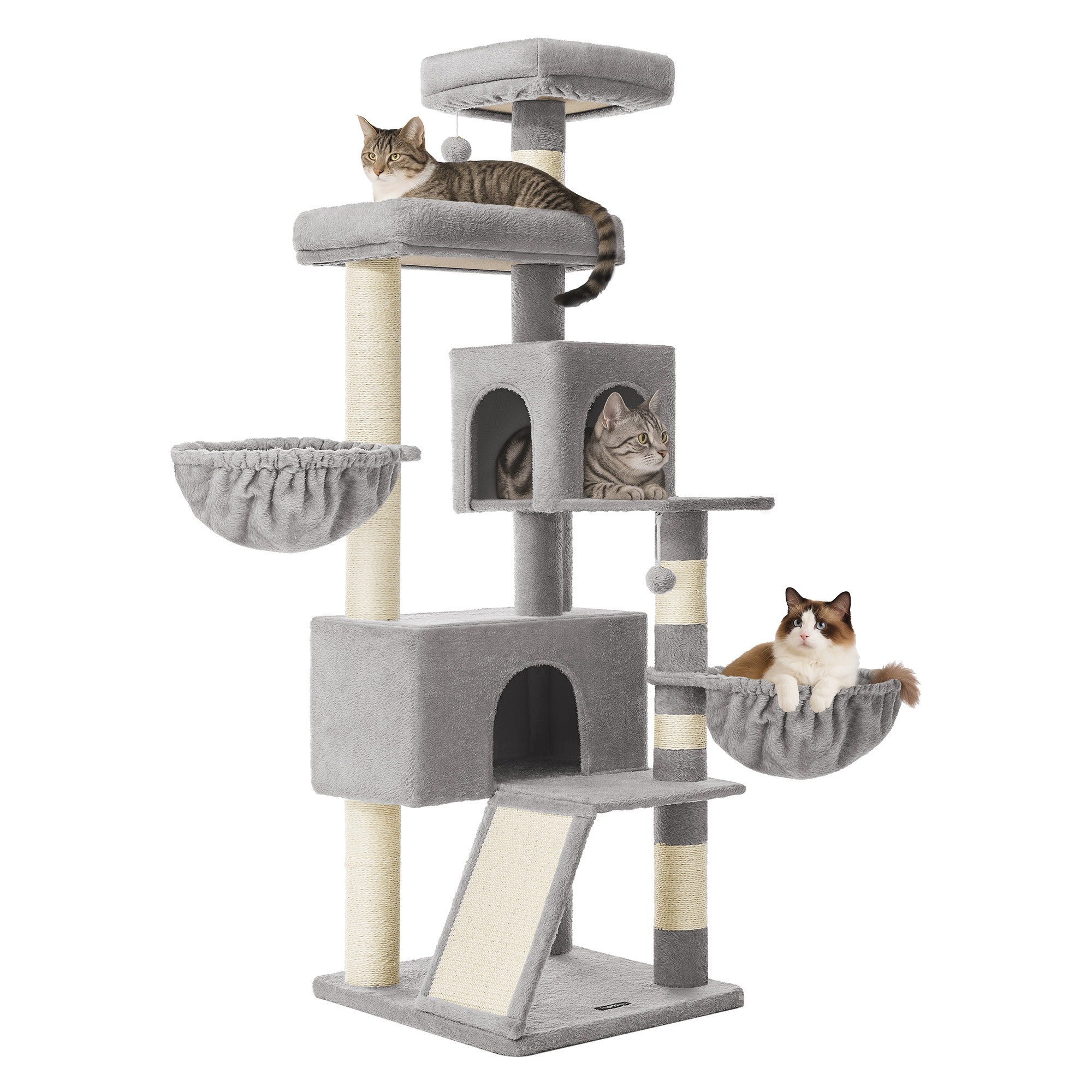Krabpaal - 55 x 55 x 174 cm - met groot platform en dubbele grot - duifgrijs - 19,4 kg