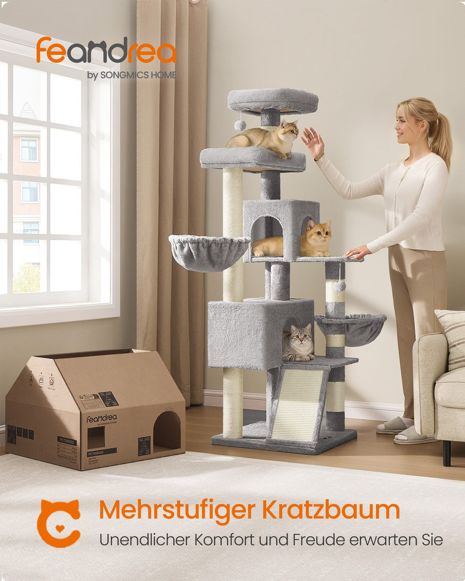 Krabpaal - 55 x 55 x 174 cm - met groot platform en dubbele grot - duifgrijs - 19,4 kg