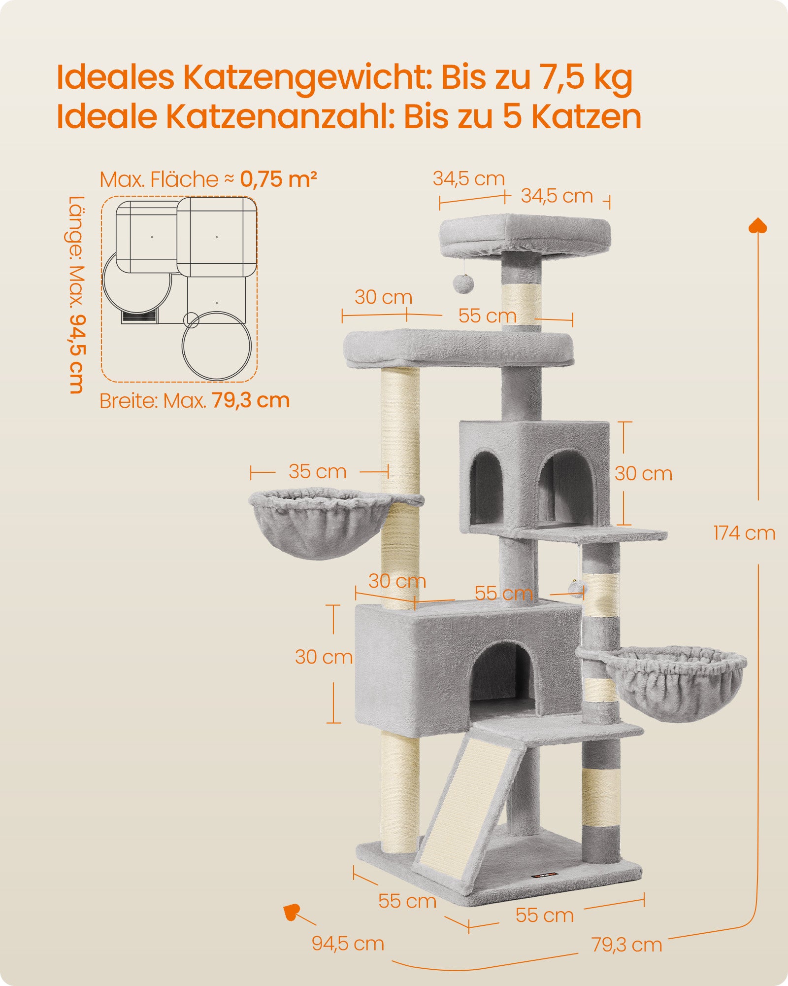 Krabpaal - 55 x 55 x 174 cm - met groot platform en dubbele grot - duifgrijs - 19,4 kg