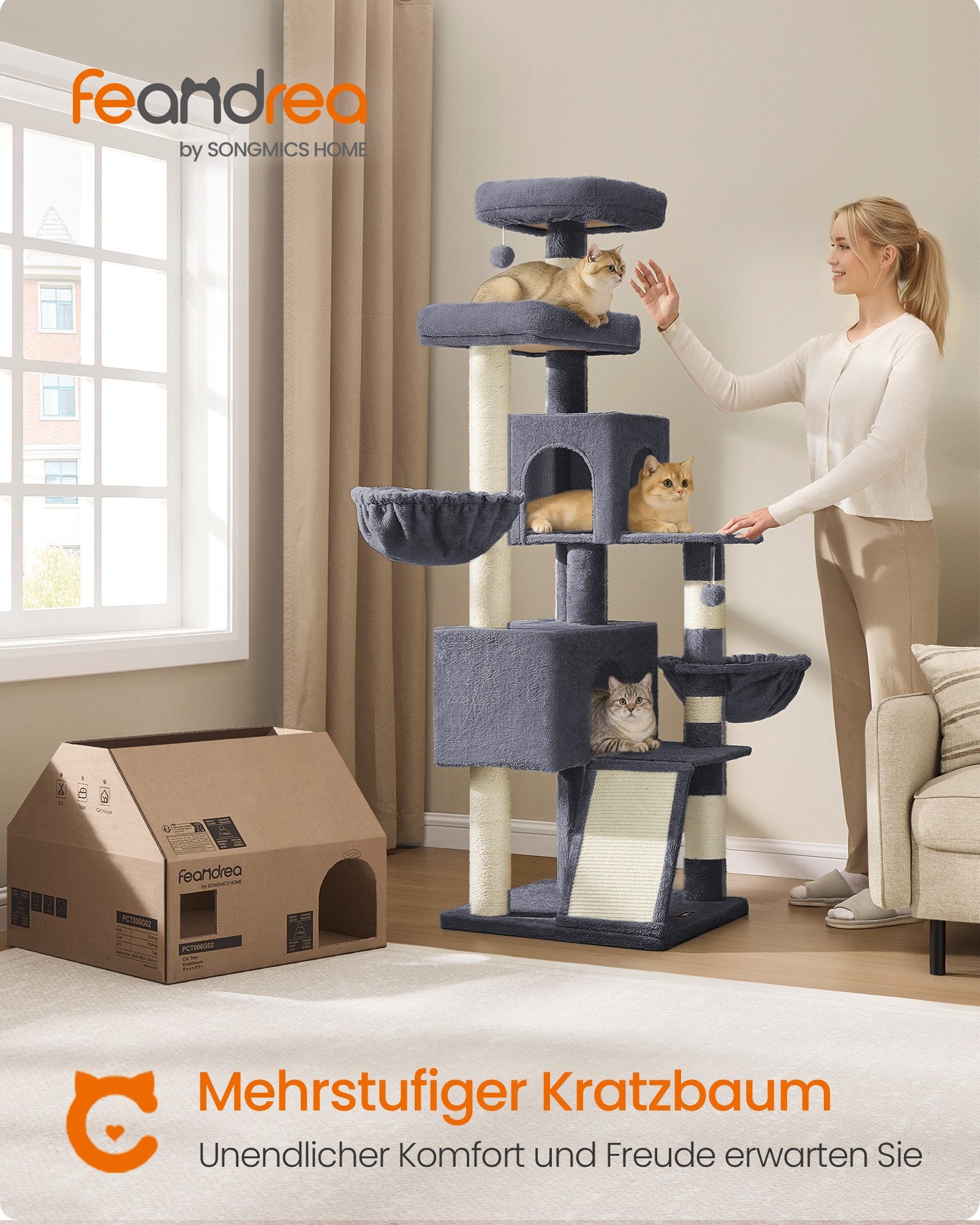 Krabpaal 55 x 55 x 174 cm - Groot platform - Dubbele grot - Donkergrijs - 19,4 kg maximum capaciteit