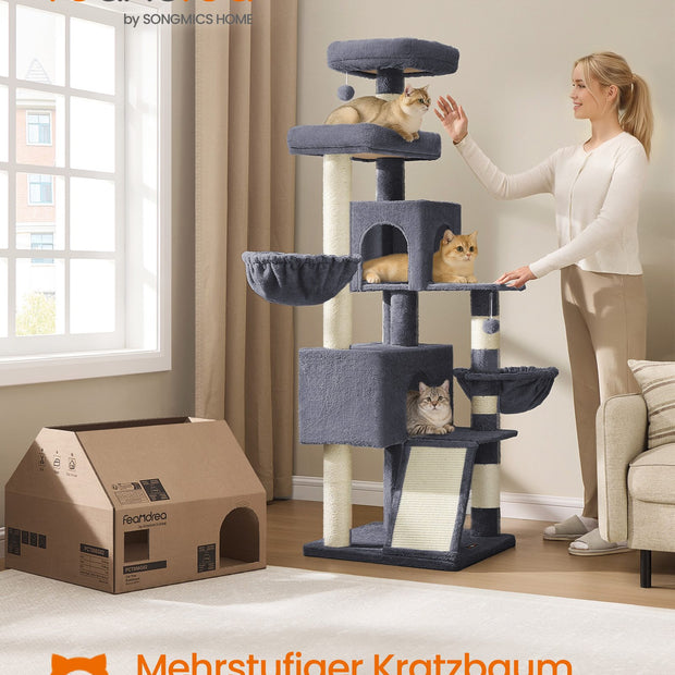 Krabpaal 55 x 55 x 174 cm - Groot platform - Dubbele grot - Donkergrijs - 19,4 kg maximum capaciteit