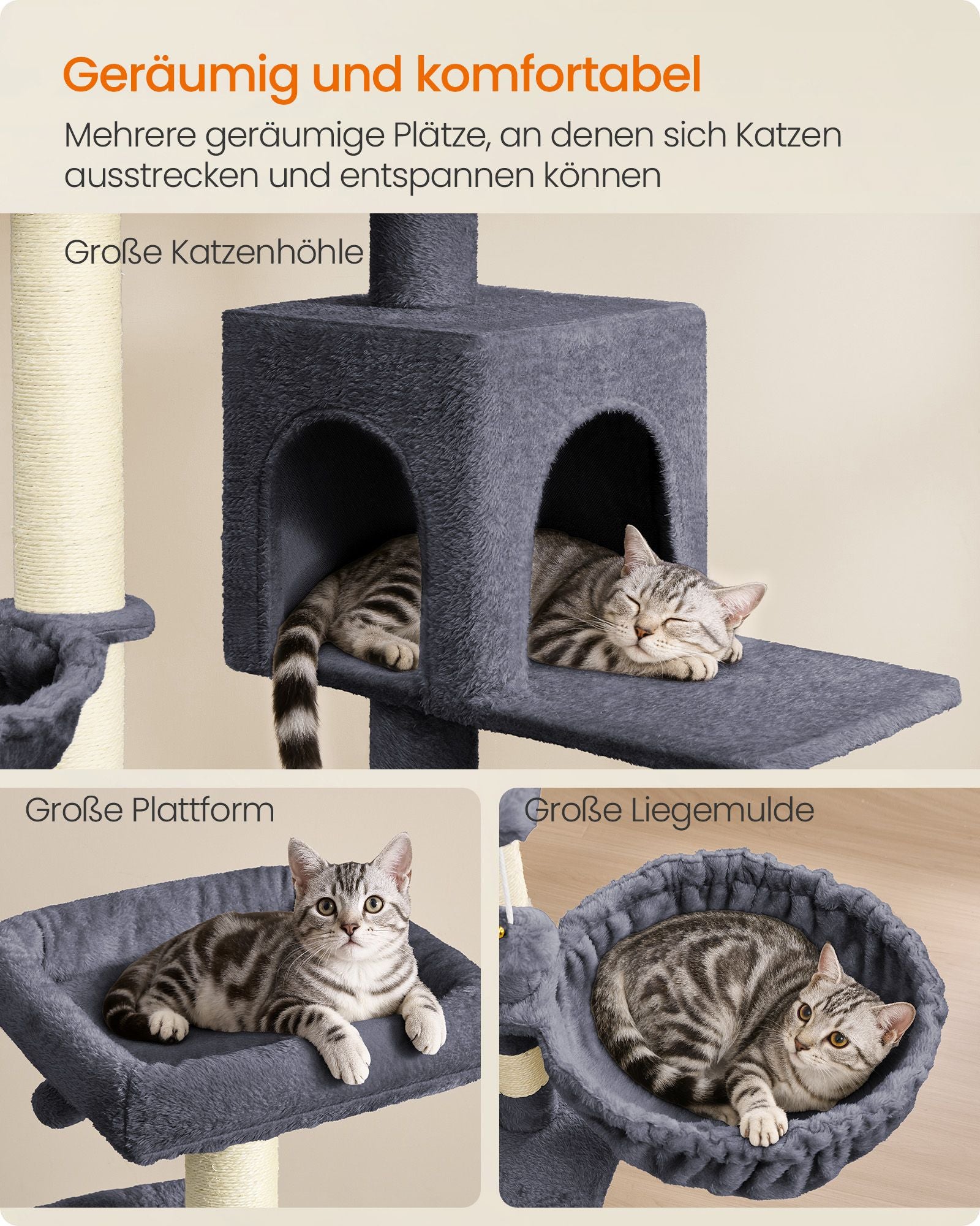 Krabpaal 55 x 55 x 174 cm - Groot platform - Dubbele grot - Donkergrijs - 19,4 kg maximum capaciteit