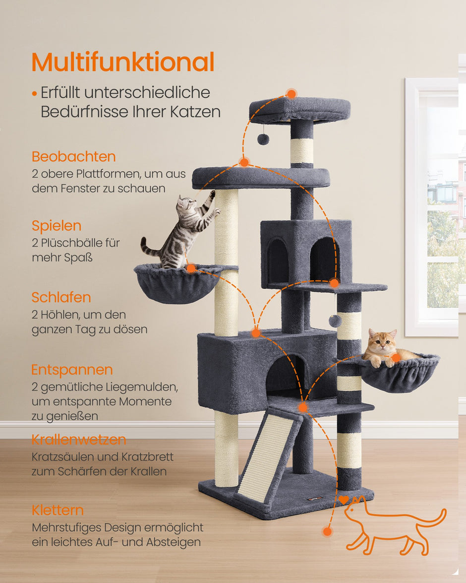 Krabpaal 55 x 55 x 174 cm - Groot platform - Dubbele grot - Donkergrijs - 19,4 kg maximum capaciteit