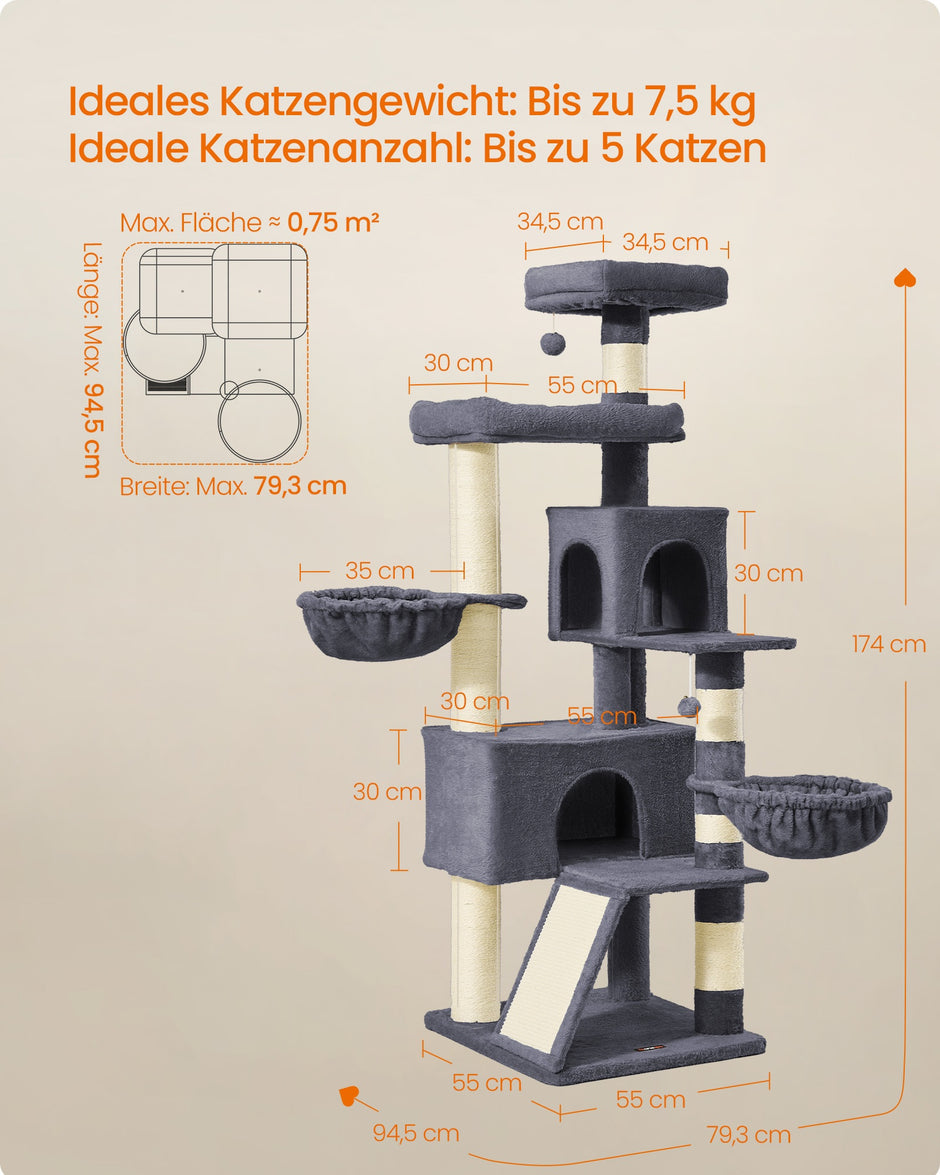 Krabpaal 55 x 55 x 174 cm - Groot platform - Dubbele grot - Donkergrijs - 19,4 kg maximum capaciteit