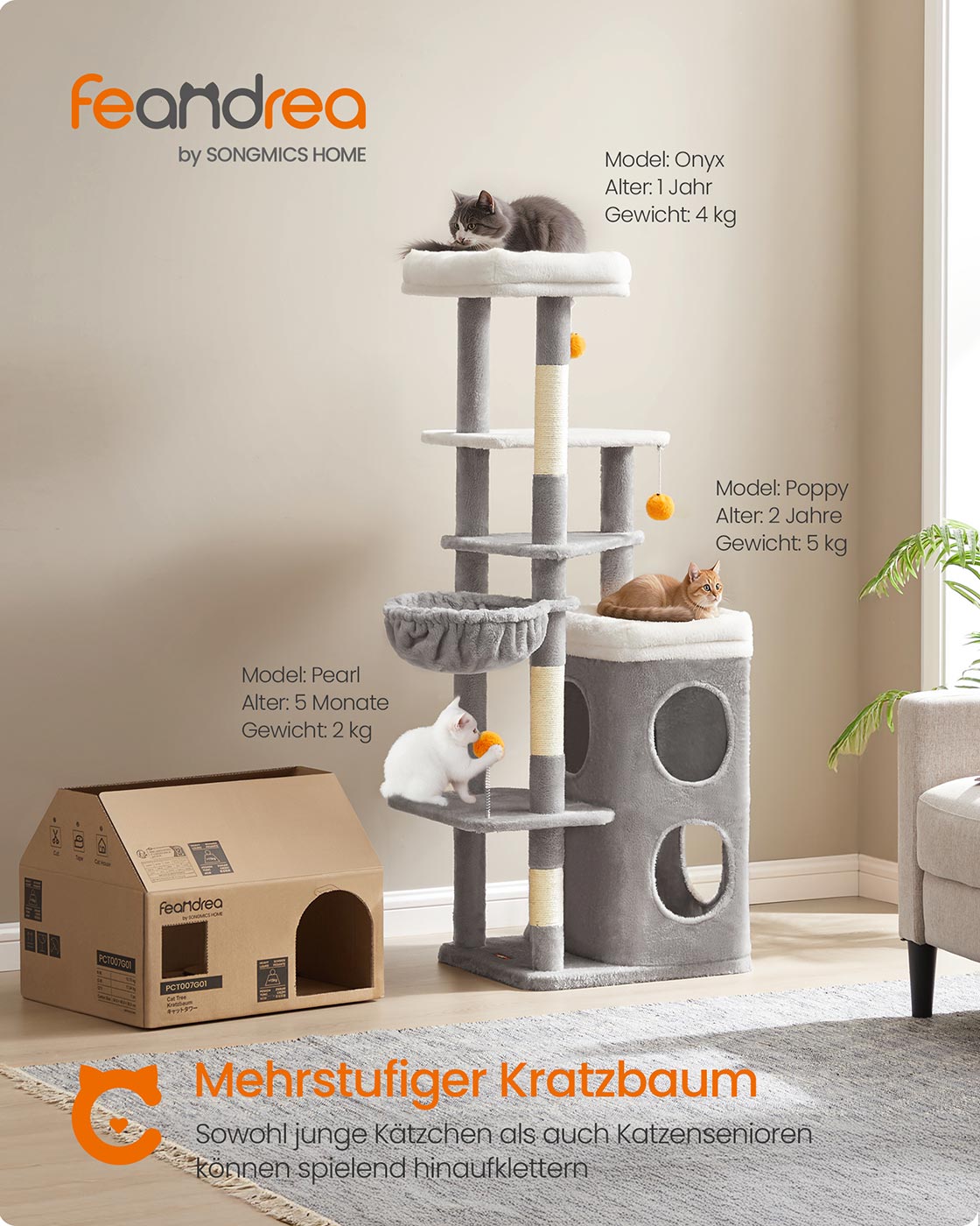 Katzenbaum mit mehreren Ebenen, Höhlen und Plattformen für Katzen