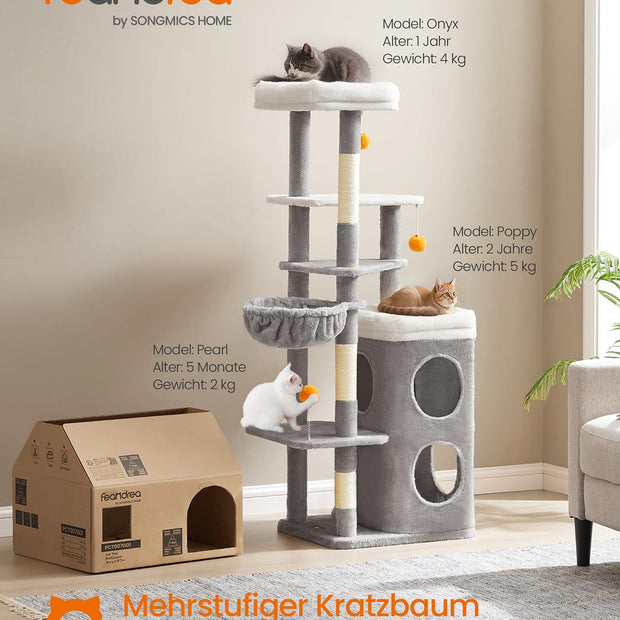 Katzenbaum mit mehreren Ebenen, Höhlen und Plattformen für Katzen