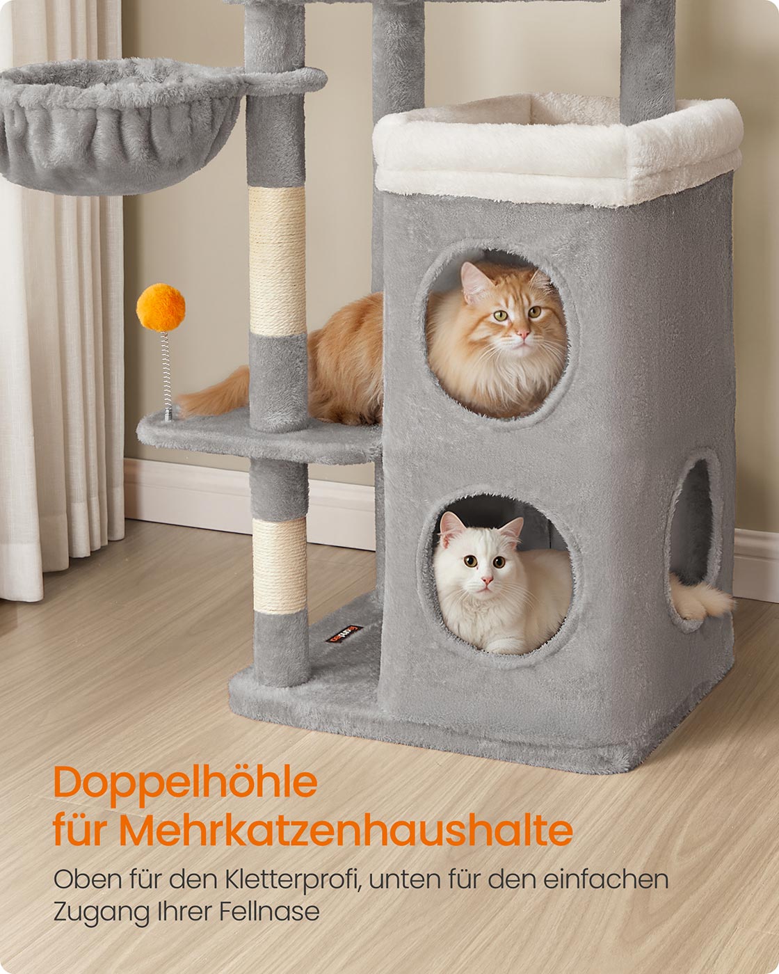 Katzenbaum mit mehreren Ebenen, Höhlen und Plattformen für Katzen