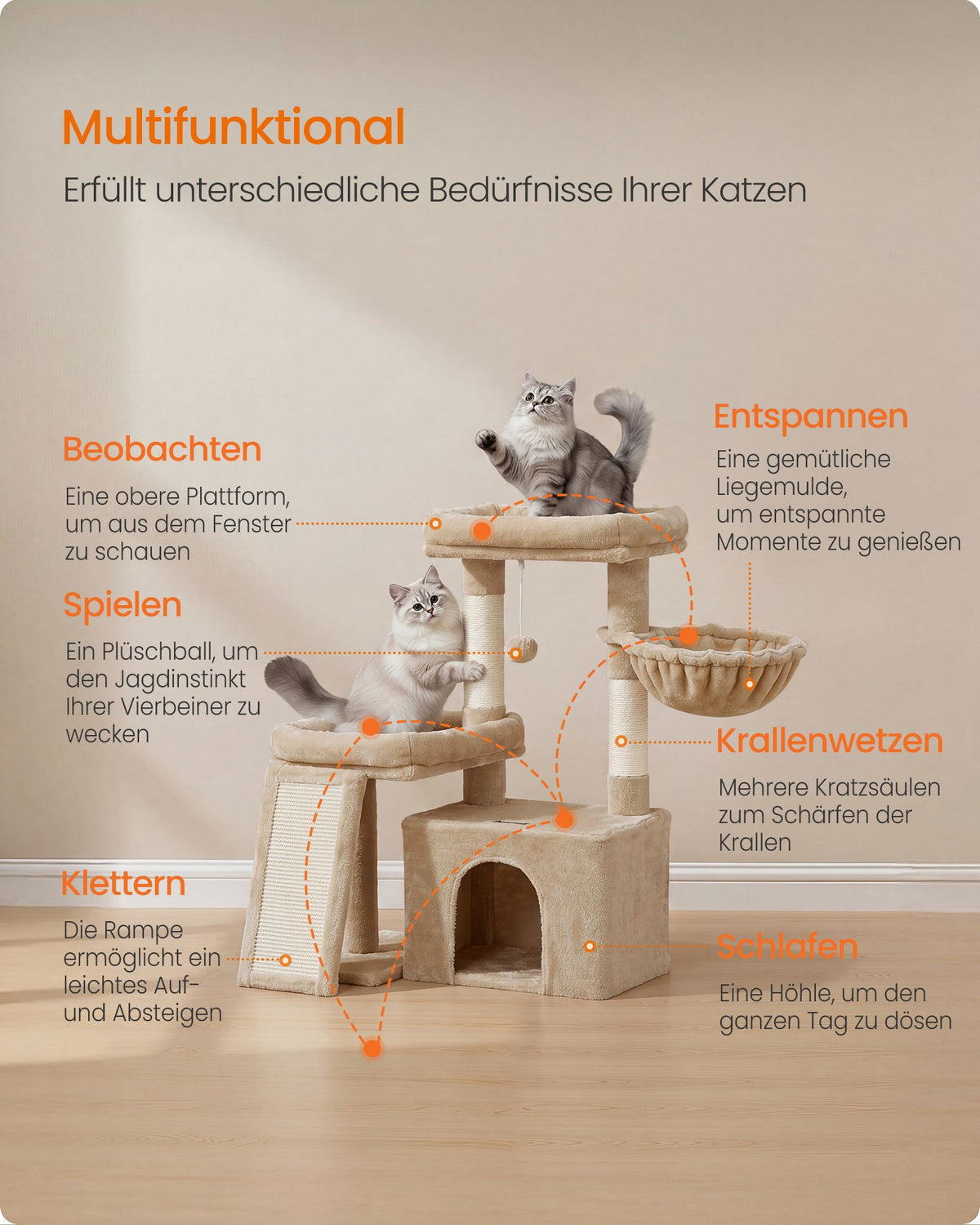 Krabpaal – Met Krabplank en Kattenhol – Pluche en Sisal – 86 cm – Licht Kameelbruin