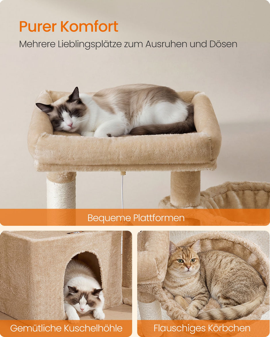 Krabpaal – Met Krabplank en Kattenhol – Pluche en Sisal – 86 cm – Licht Kameelbruin