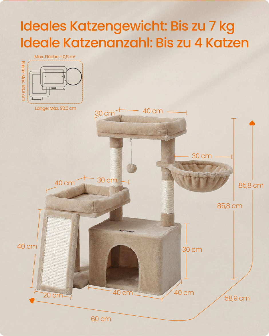 Krabpaal – Met Krabplank en Kattenhol – Pluche en Sisal – 86 cm – Licht Kameelbruin