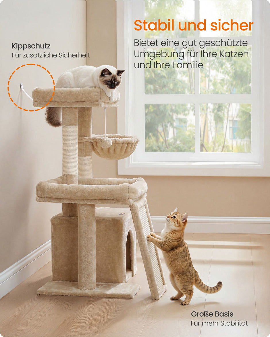 Krabpaal – Met Krabplank en Kattenhol – Pluche en Sisal – 86 cm – Licht Kameelbruin