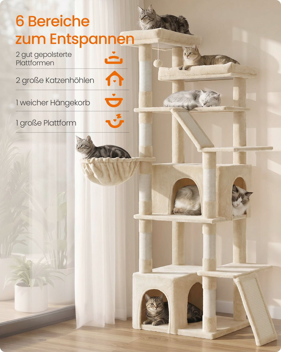 Grote Kattenboom – 184,5 cm – 7 Krabpalen – 2 Holen – Hangmat en 2 Ligplekken – Zandbeige
