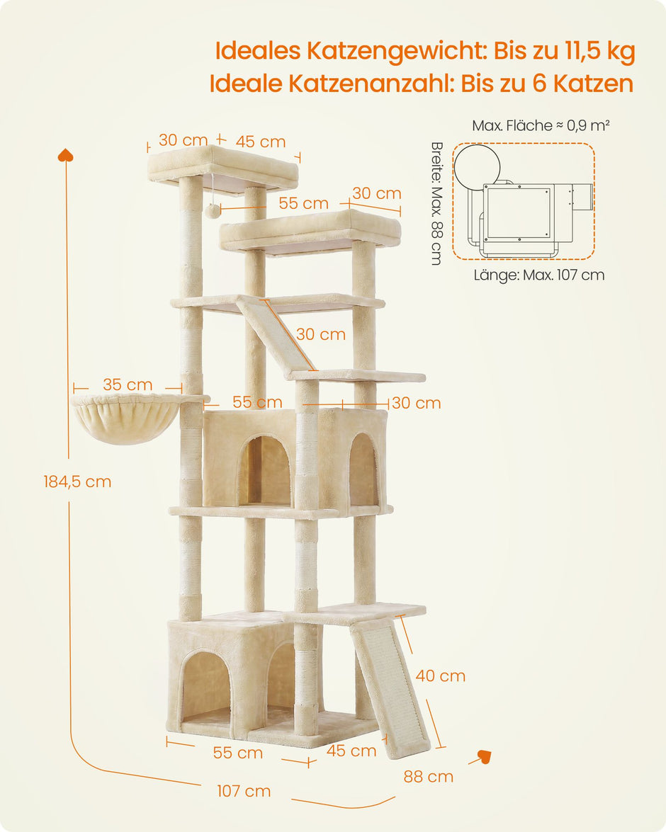 Grote Kattenboom – 184,5 cm – 7 Krabpalen – 2 Holen – Hangmat en 2 Ligplekken – Zandbeige