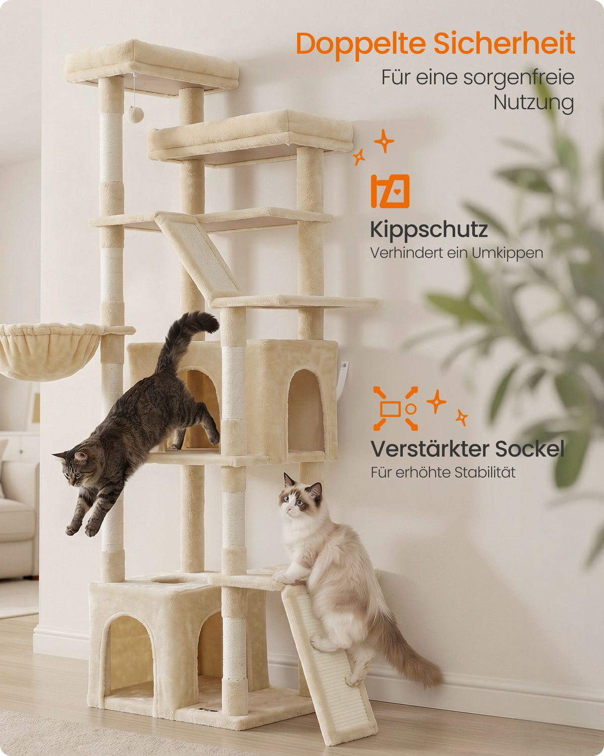 Grote Kattenboom – 184,5 cm – 7 Krabpalen – 2 Holen – Hangmat en 2 Ligplekken – Zandbeige