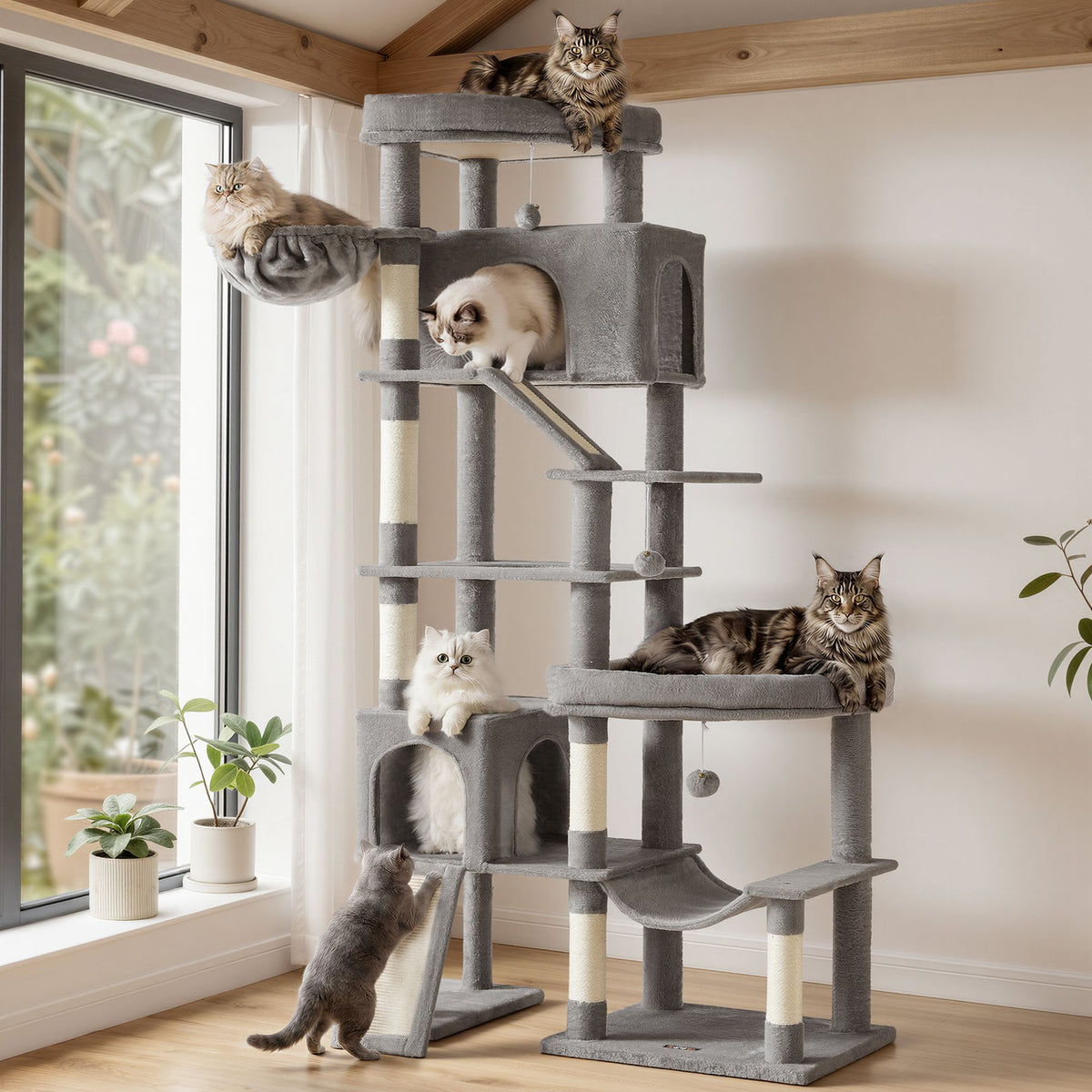 Krabpaal - Met Sisalstammen en Rustplateaus - Voor Grote Katten - Lichtgrijs - 105 x 45 x 202 cm