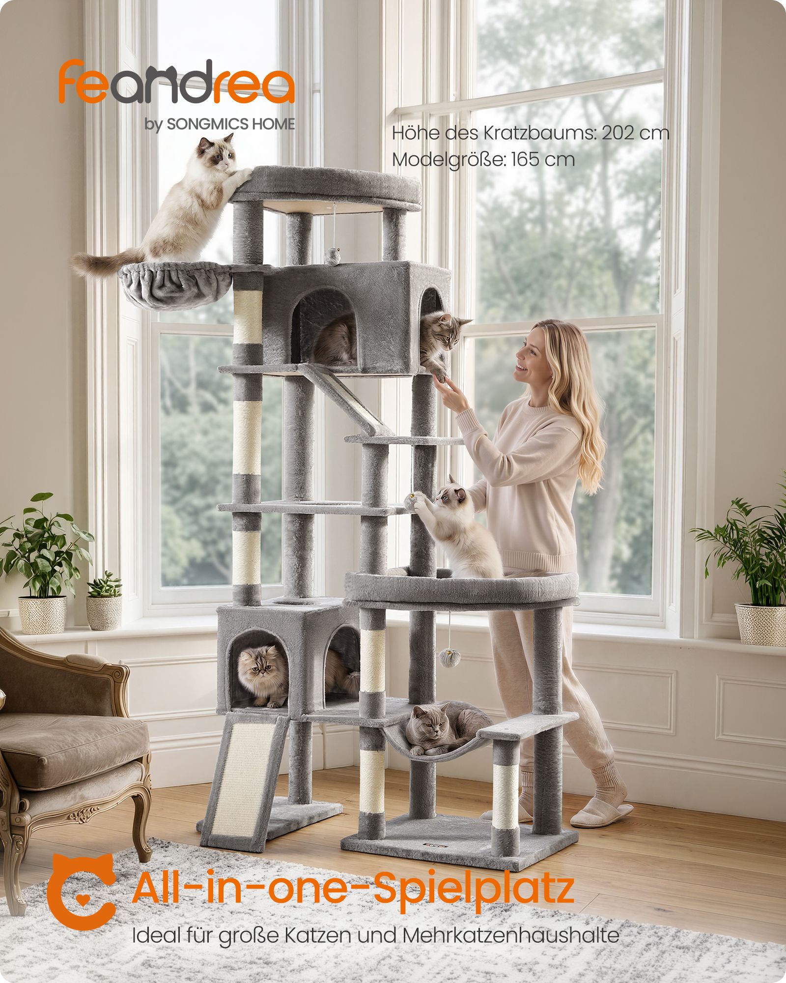 Krabpaal - Met Sisalstammen en Rustplateaus - Voor Grote Katten - Lichtgrijs - 105 x 45 x 202 cm