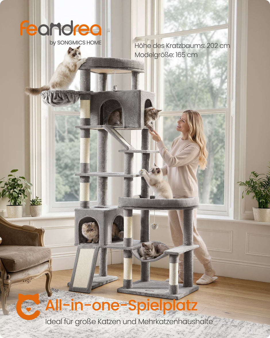 Krabpaal - Met Sisalstammen en Rustplateaus - Voor Grote Katten - Lichtgrijs - 105 x 45 x 202 cm