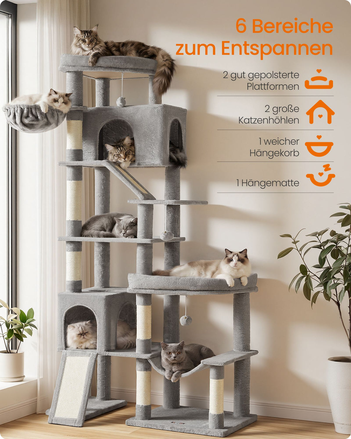 Krabpaal - Met Sisalstammen en Rustplateaus - Voor Grote Katten - Lichtgrijs - 105 x 45 x 202 cm