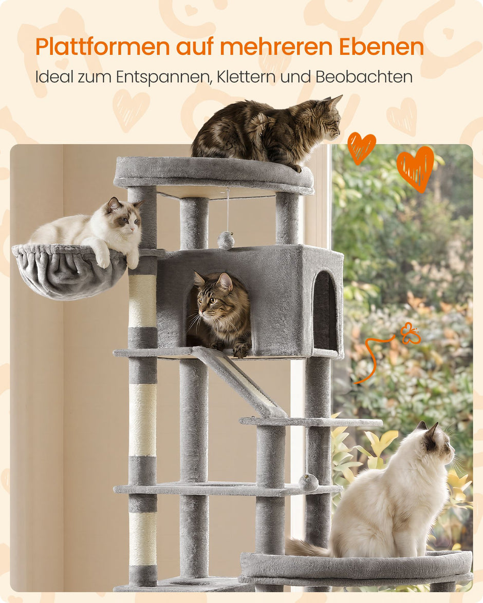 Krabpaal - Met Sisalstammen en Rustplateaus - Voor Grote Katten - Lichtgrijs - 105 x 45 x 202 cm