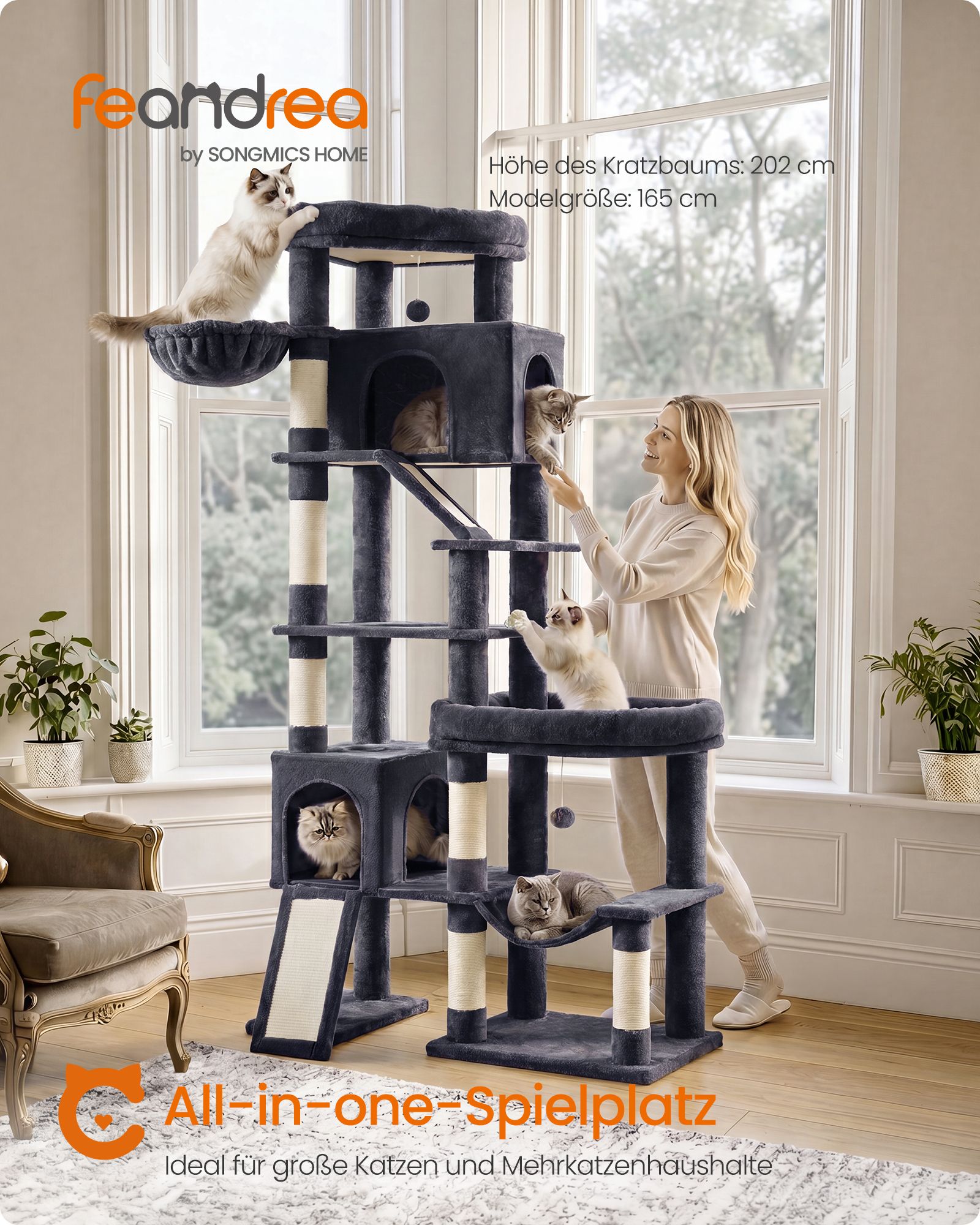 Krabpaal - Met Sisalstammen en Rustplateaus - Voor Grote Katten - Donkergrijs - 105 x 45 x 202 cm