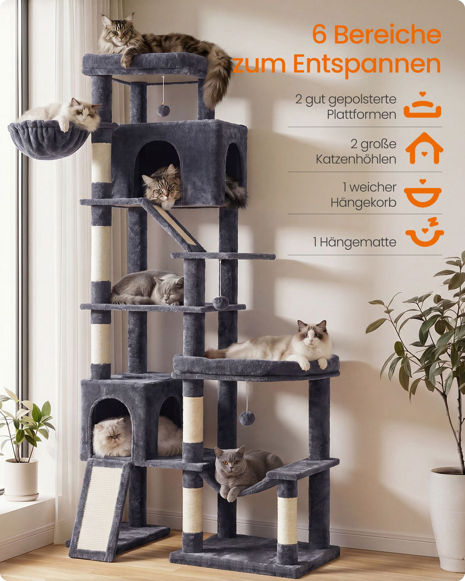 Krabpaal - Met Sisalstammen en Rustplateaus - Voor Grote Katten - Donkergrijs - 105 x 45 x 202 cm