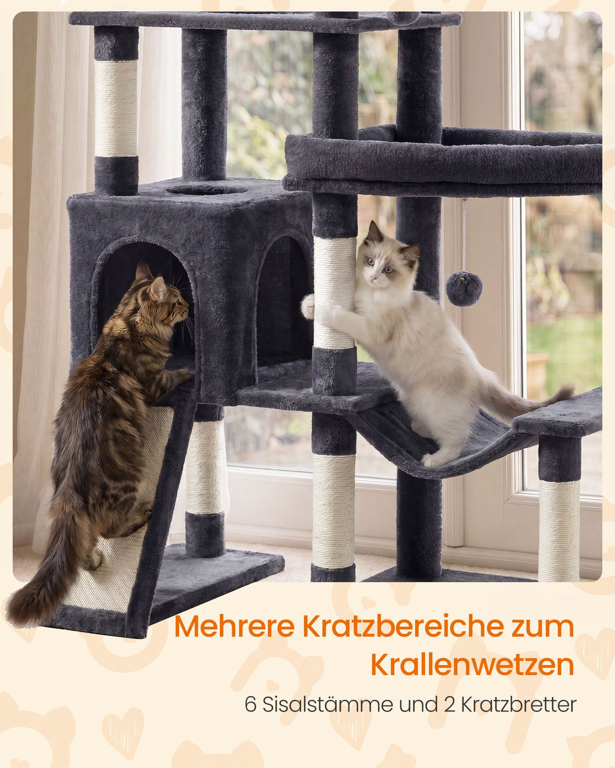 Krabpaal - Met Sisalstammen en Rustplateaus - Voor Grote Katten - Donkergrijs - 105 x 45 x 202 cm