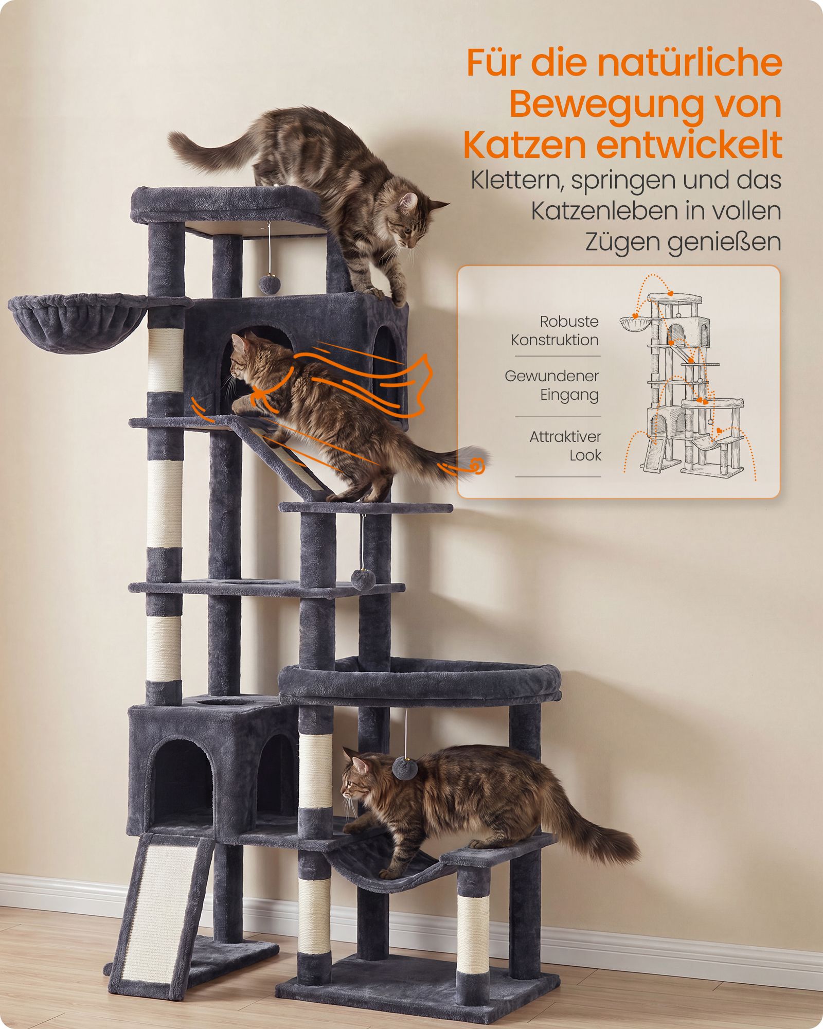 Krabpaal - Met Sisalstammen en Rustplateaus - Voor Grote Katten - Donkergrijs - 105 x 45 x 202 cm