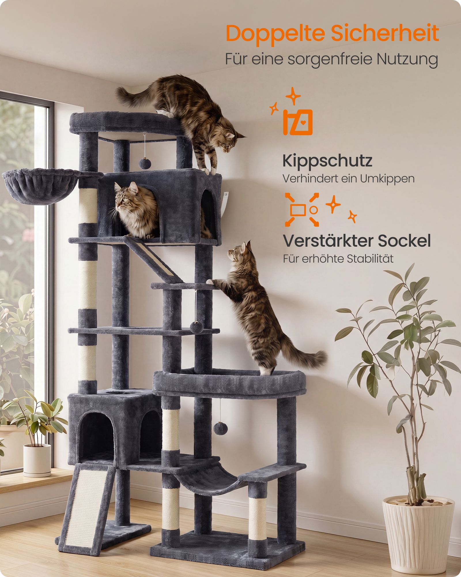 Krabpaal - Met Sisalstammen en Rustplateaus - Voor Grote Katten - Donkergrijs - 105 x 45 x 202 cm