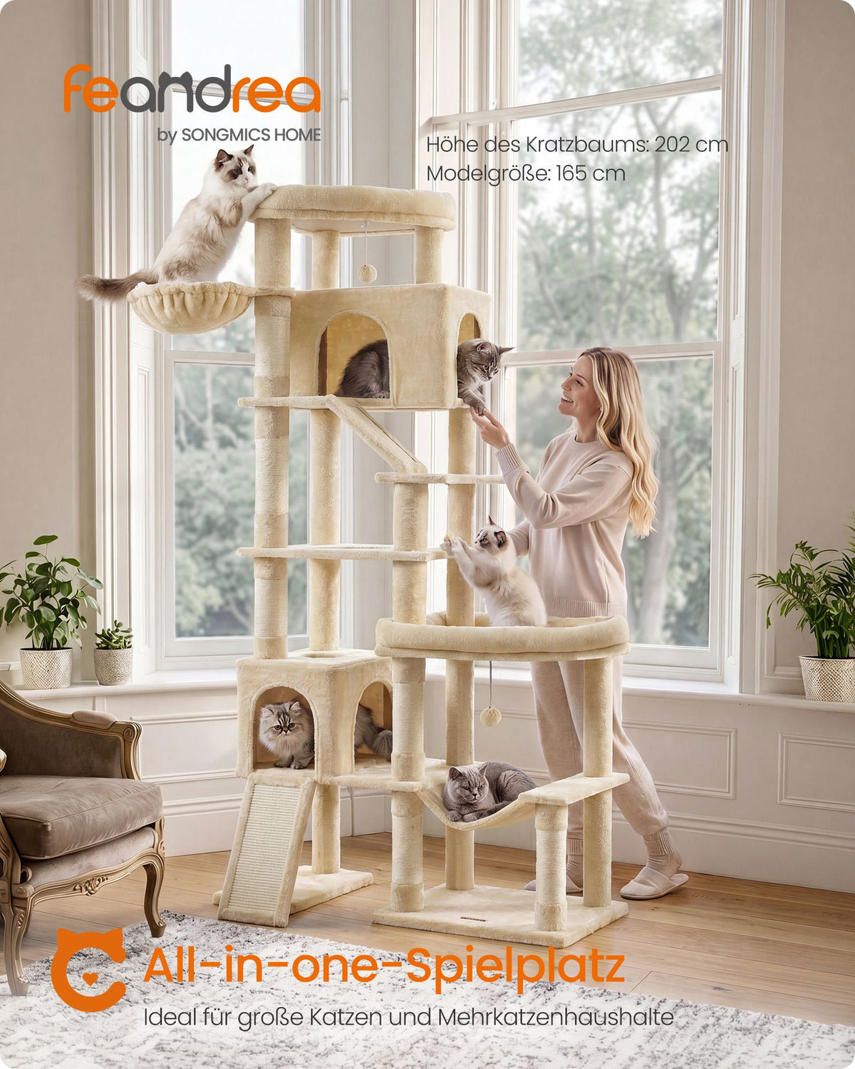 Krabpaal - Met Sisalstammen en Rustplateaus - Voor Grote Katten - Beige - 105 x 45 x 202 cm