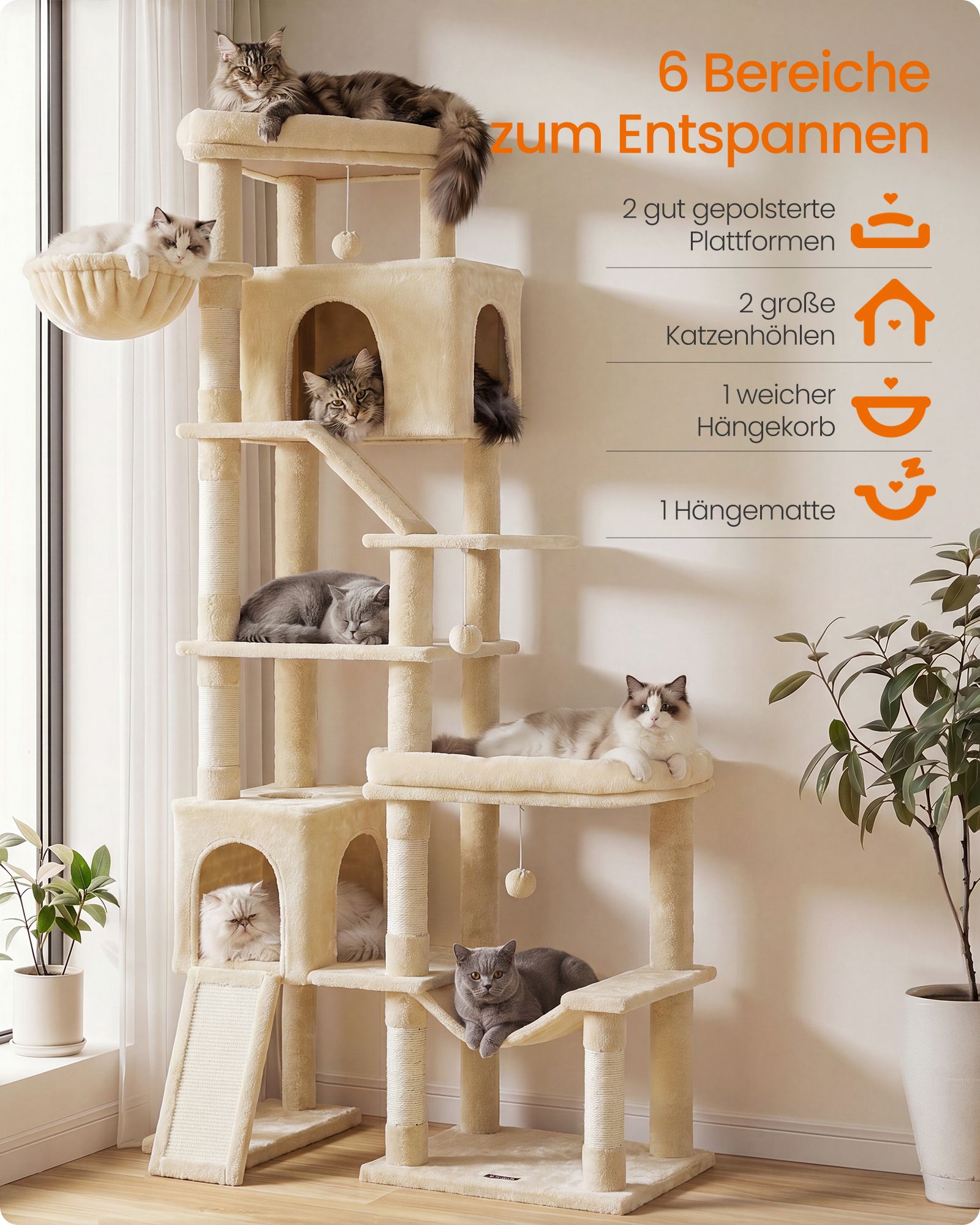 Krabpaal - Met Sisalstammen en Rustplateaus - Voor Grote Katten - Beige - 105 x 45 x 202 cm