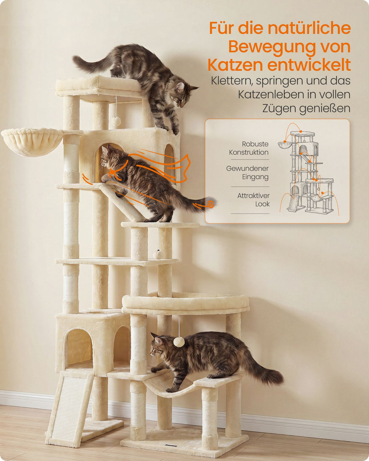 Krabpaal - Met Sisalstammen en Rustplateaus - Voor Grote Katten - Beige - 105 x 45 x 202 cm