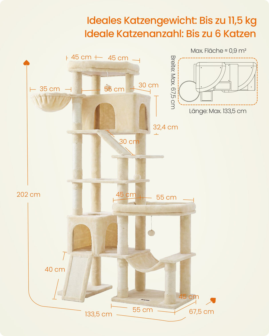 Krabpaal - Met Sisalstammen en Rustplateaus - Voor Grote Katten - Beige - 105 x 45 x 202 cm