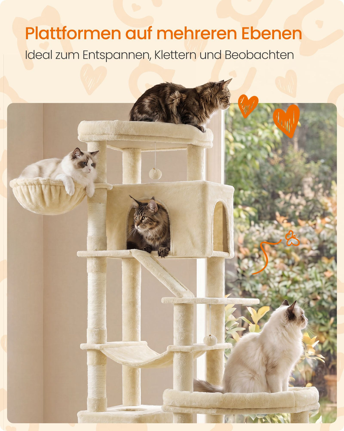 Krabpaal - Met Sisalstammen en Rustplateaus - Voor Grote Katten - Beige - 105 x 45 x 202 cm