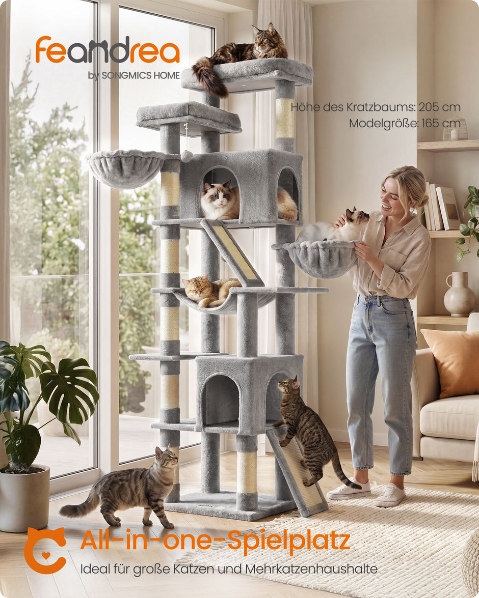 Krabpaal - Met Sisalstammen en Rustplateaus - Voor Grote Katten - Lichtgrijs - 55 x 45 x 206 cm