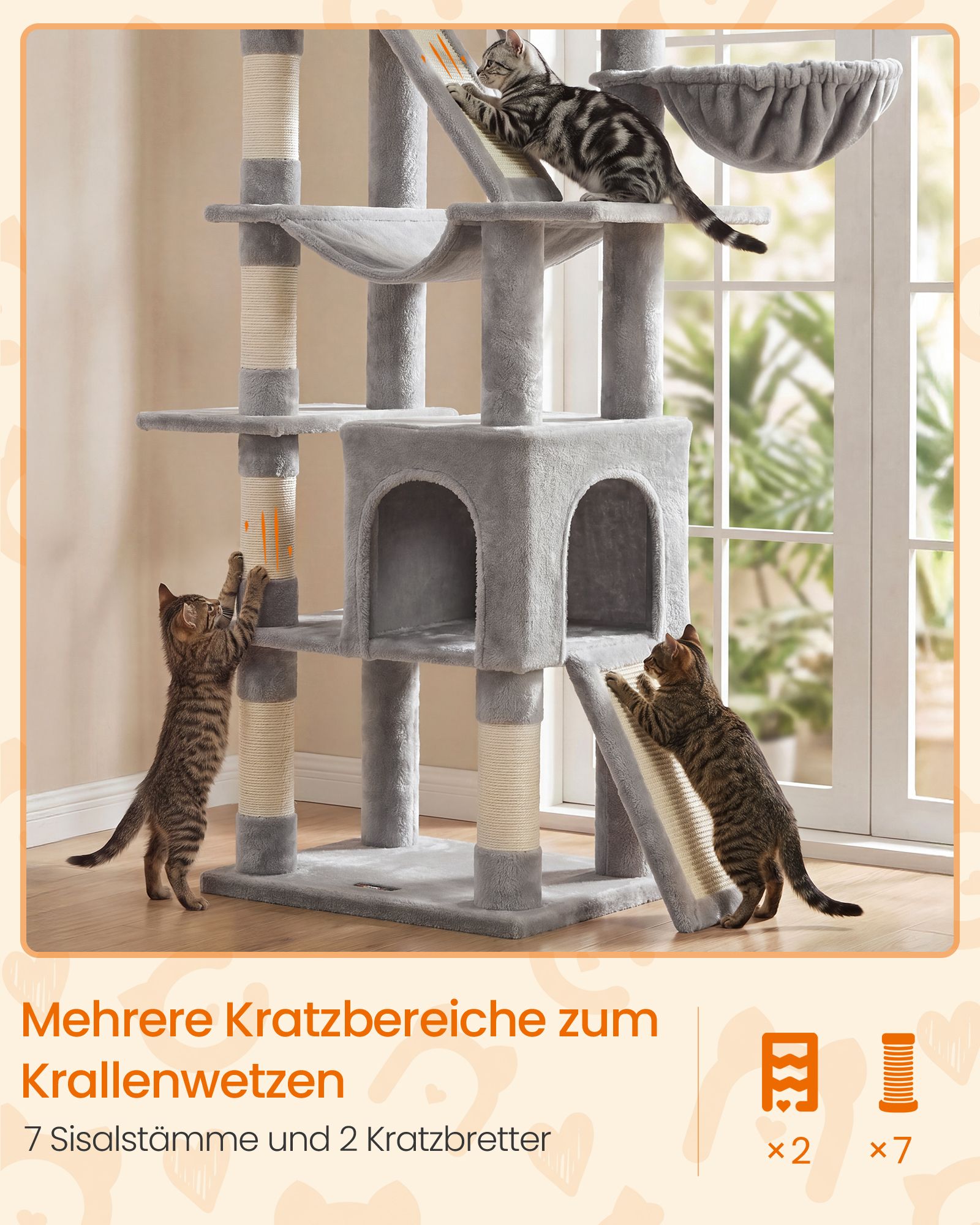 Krabpaal - Met Sisalstammen en Rustplateaus - Voor Grote Katten - Lichtgrijs - 55 x 45 x 206 cm