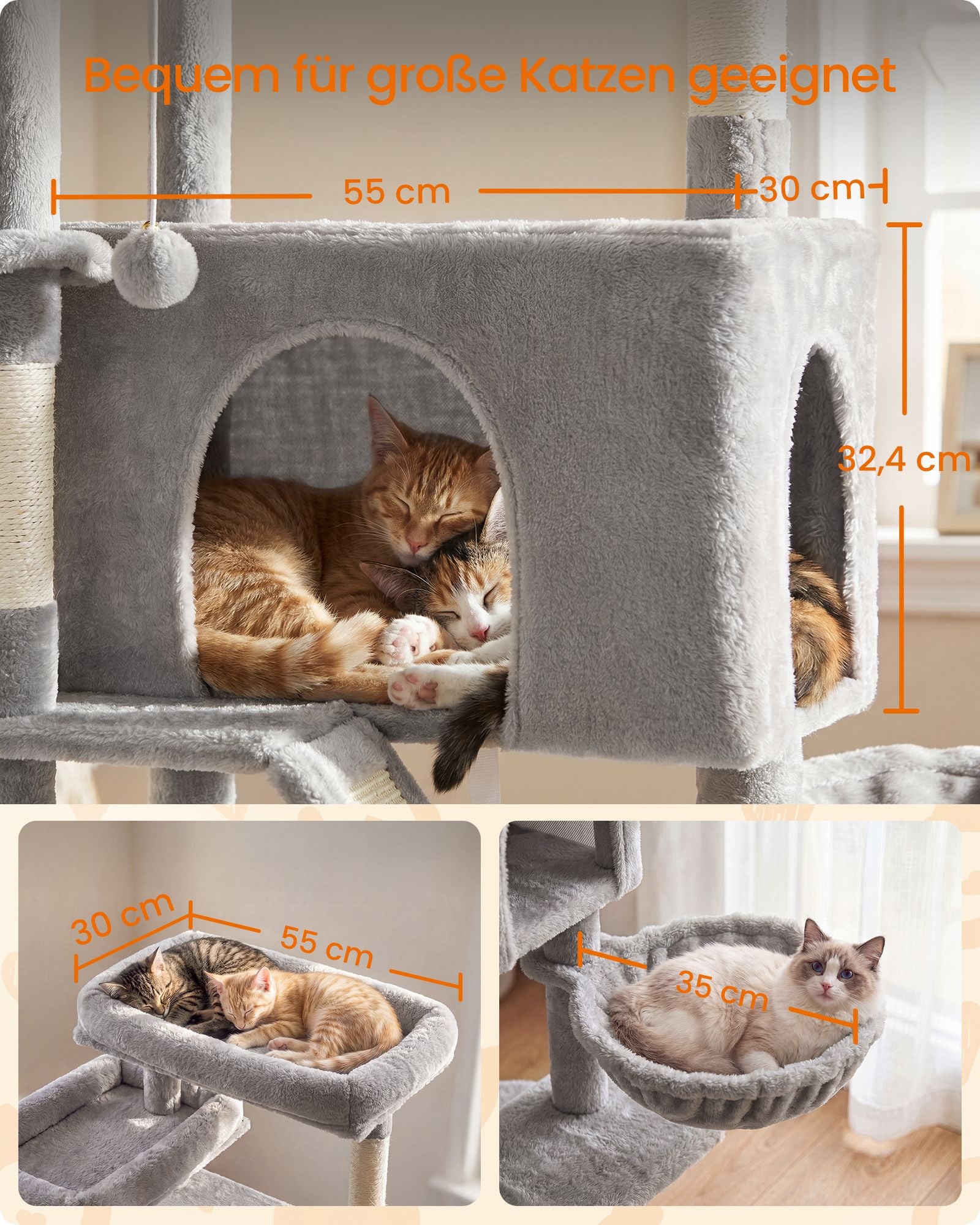 Krabpaal - Met Sisalstammen en Rustplateaus - Voor Grote Katten - Lichtgrijs - 55 x 45 x 206 cm